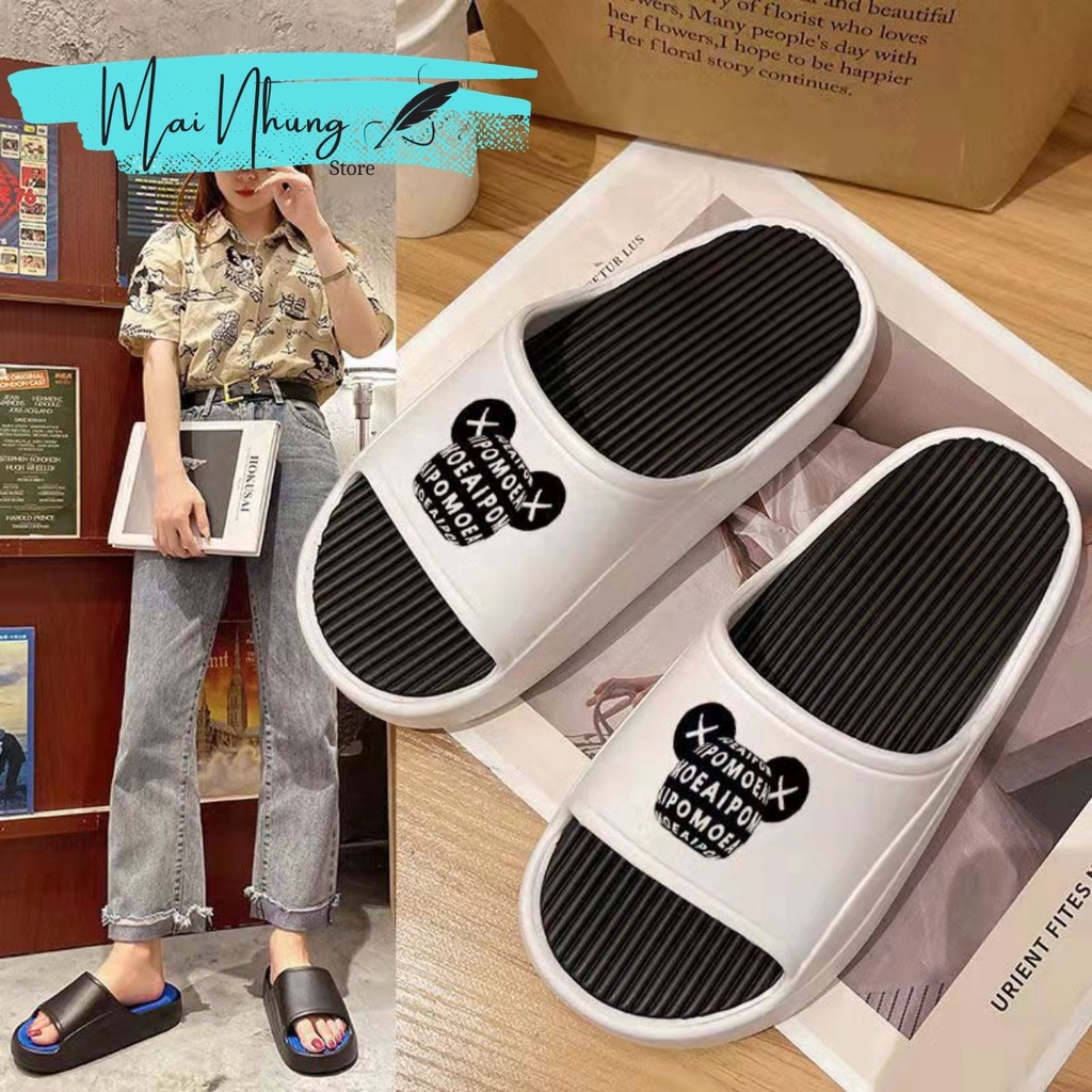Dép nam nữ quai ngang bánh mì độn đế ullzang họa tiết mặt gấu nam nữ chất liệu eva 2023