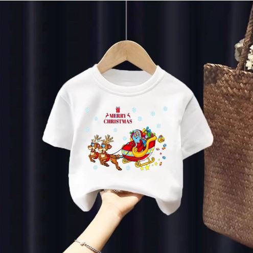 Áo thun cho bé,in hình ông già noel ngồi xe tuần lộc siêu đẹp