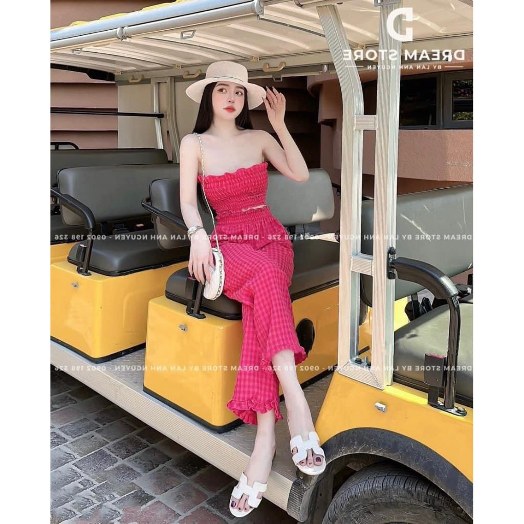 Đồ bộ nữ áo ống kẻ karo + quần Hồng xinh tươi xinh xắn