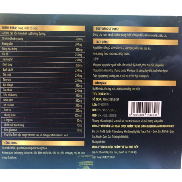 [ Hàng Chính Hãng ] VIÊN TIỂU ĐÊM SÂM NHUNG BỔ THẬN DIOPHACO (Hộp 2 lọ *30v)