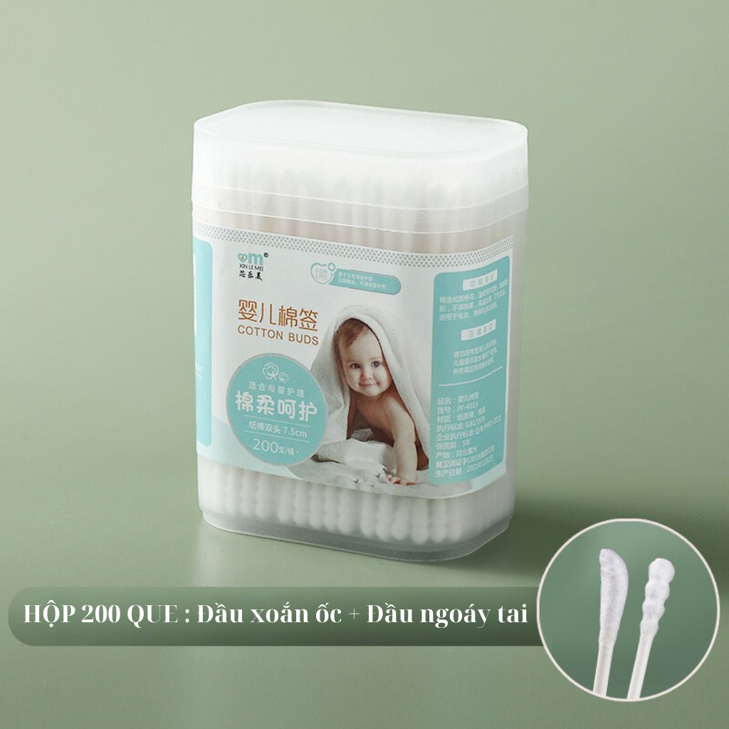 Hộp 200 que tăm bông ngoáy tai 2 đầu xoắn ốc+ ngoáy tai cho bé, tăm sơ sinh, tăm vệ sinh cho bé Nhật Bản