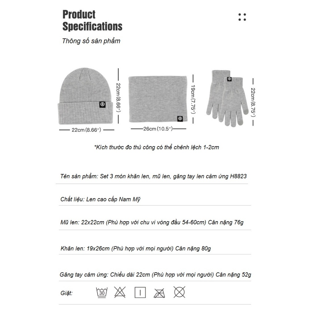 Set 3 Món Khăn Len Mũ Len Găng Tay Len Cảm Ứng Mùa Đông Nam Nữ HONGXI Chất Len Mềm Mịn Hàng Quảng Châu Cao Cấp H8823