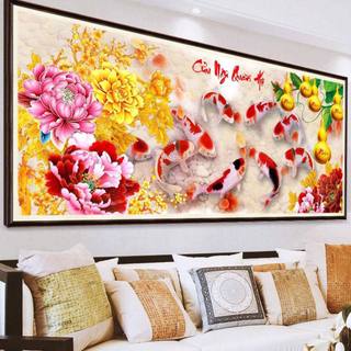 Tranh đính đá Cửu Ngư Quần Hội - LV545(130x65cm), LV546(150x70cm) ,tranh chưa đính đá