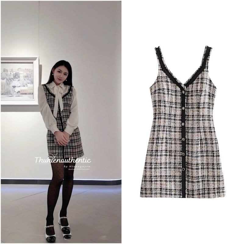 (Sẵn size L)Váy dạ tweed cúc bấm viền màu mã code: 8741/022/064 ZARA chính hãng(kèm ảnh thật)