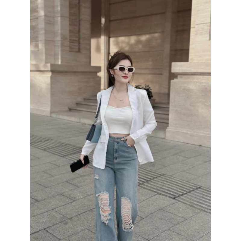 SÉT 3 MÓN: KHOÁC VEST TRẮNG + ÁO TRẮNG 2S + QUẦN SUÔNG JEAN RÁCH