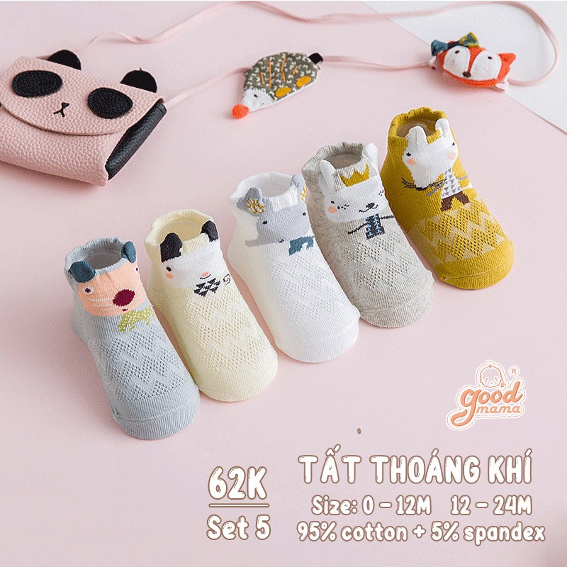 SET 5 Đôi Tất Thoáng Khí Cho Bé Goodmama size 0-12M, 12-24M chất liệu Cotton co giãn