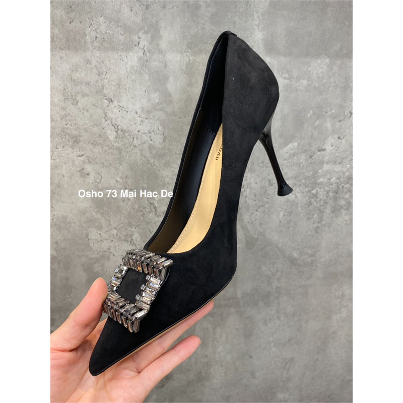 Giày cao gót mũi nhọn nơ khóa OSHO, chất da lộn cao cấp, êm chân