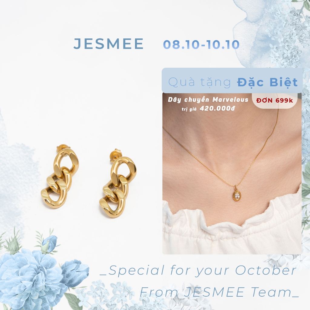 Bông tai nữ JESMEE Khuyên tai xích vintage cá tính, mạ vàng 18k - E6524