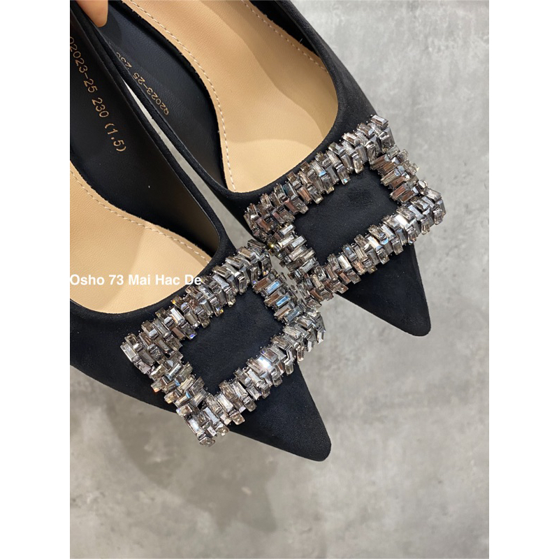 Giày cao gót mũi nhọn nơ khóa OSHO, chất da lộn cao cấp, êm chân