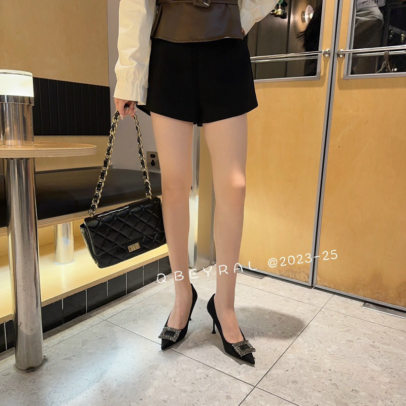 Giày cao gót mũi nhọn nơ khóa OSHO, chất da lộn cao cấp, êm chân