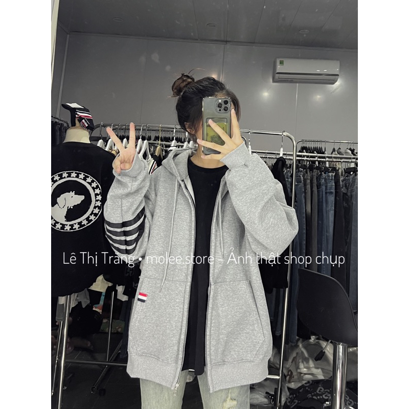 Áo hoodie zip thom sọc tay nỉ bông - ảnh thật molee.store