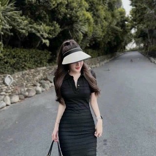 Đầm dáng dài cổ sơ mi tay ngắn kẻ sọc ngang