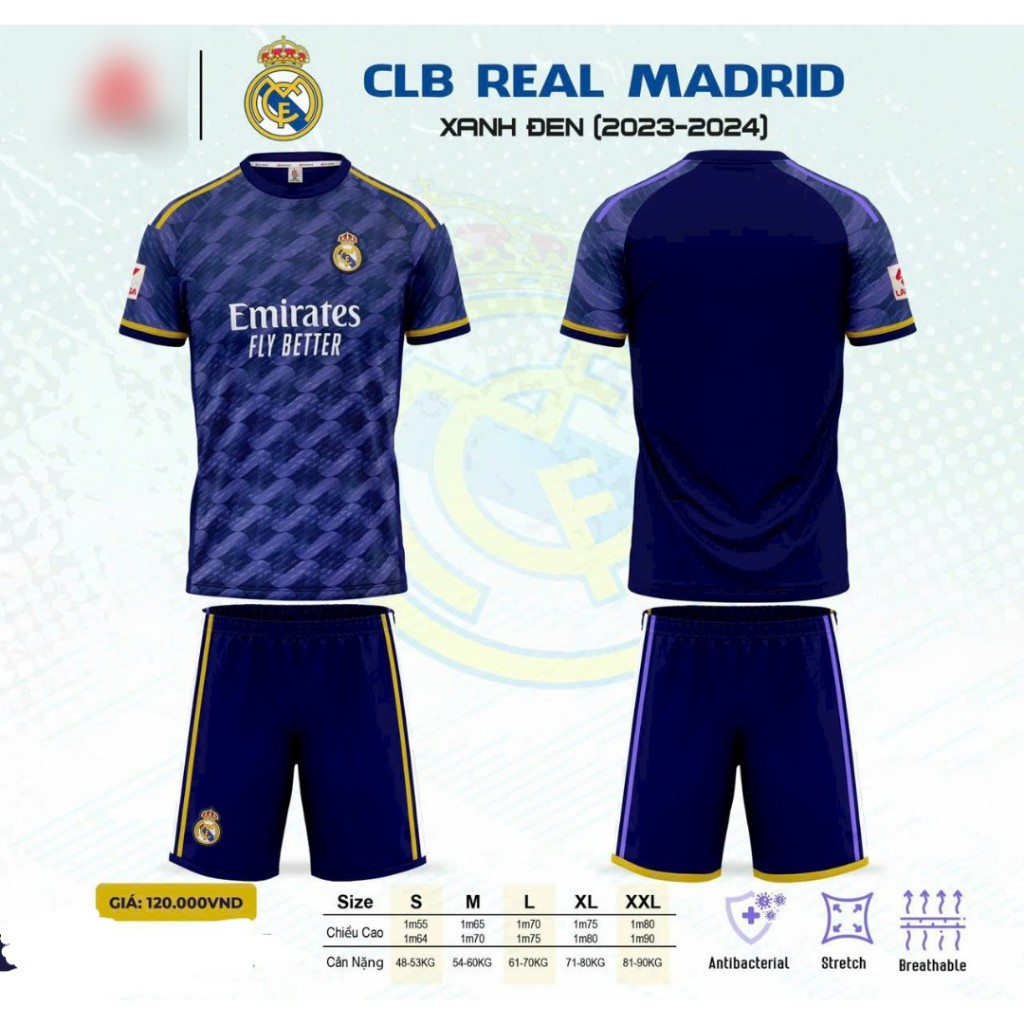 Bộ Quần Áo Đá Banh CLB REAL XANH DƯƠNG 2023
