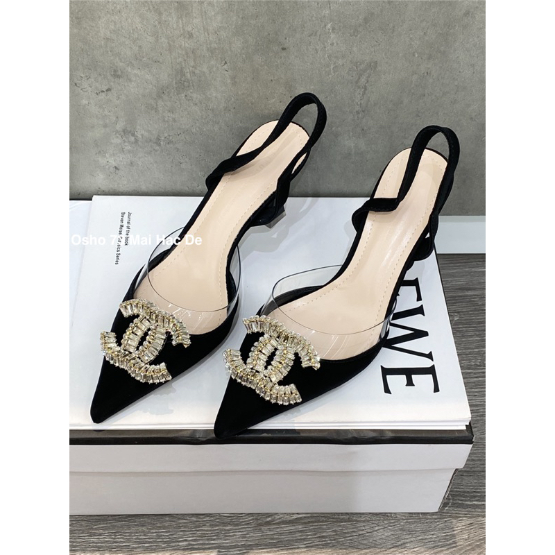 Giày cao gót mũi nhọn nơ khóa OSHO, chất da cao cấp, êm chân