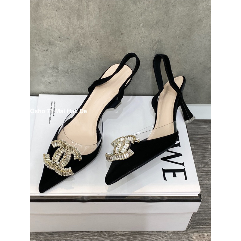 Giày cao gót mũi nhọn nơ khóa OSHO, chất da cao cấp, êm chân