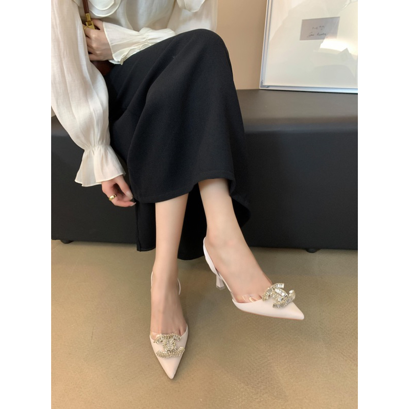 Giày cao gót mũi nhọn nơ khóa OSHO, chất da cao cấp, êm chân