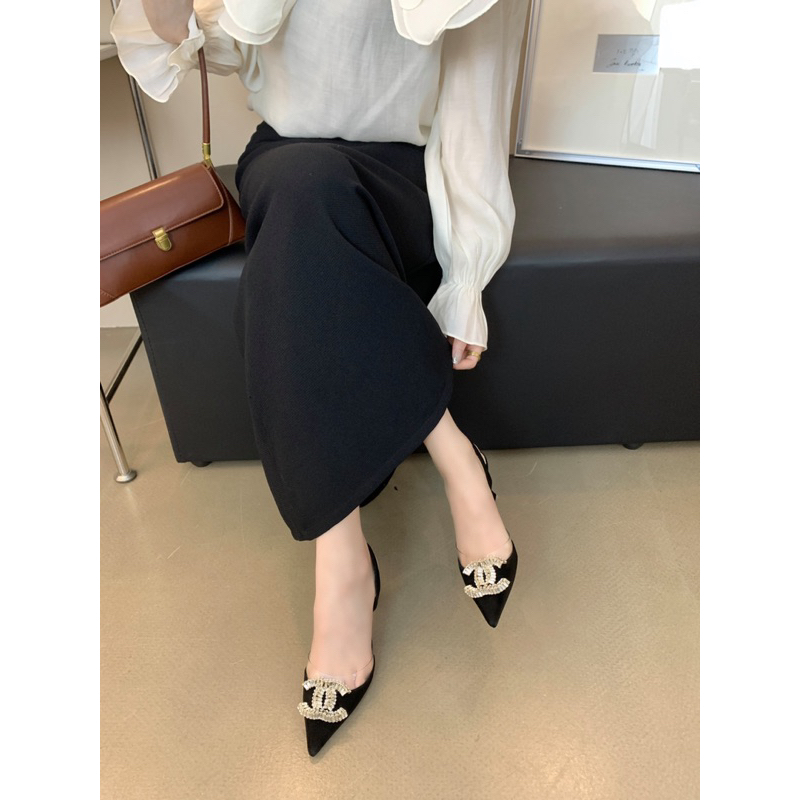 Giày cao gót mũi nhọn nơ khóa OSHO, chất da cao cấp, êm chân