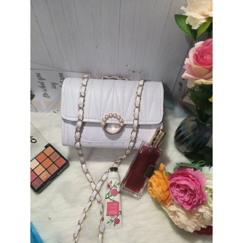 Túi xách nữ màu trắng giá rẻ, túi xách nữ công sở 3 ngăn dây xích thời trang