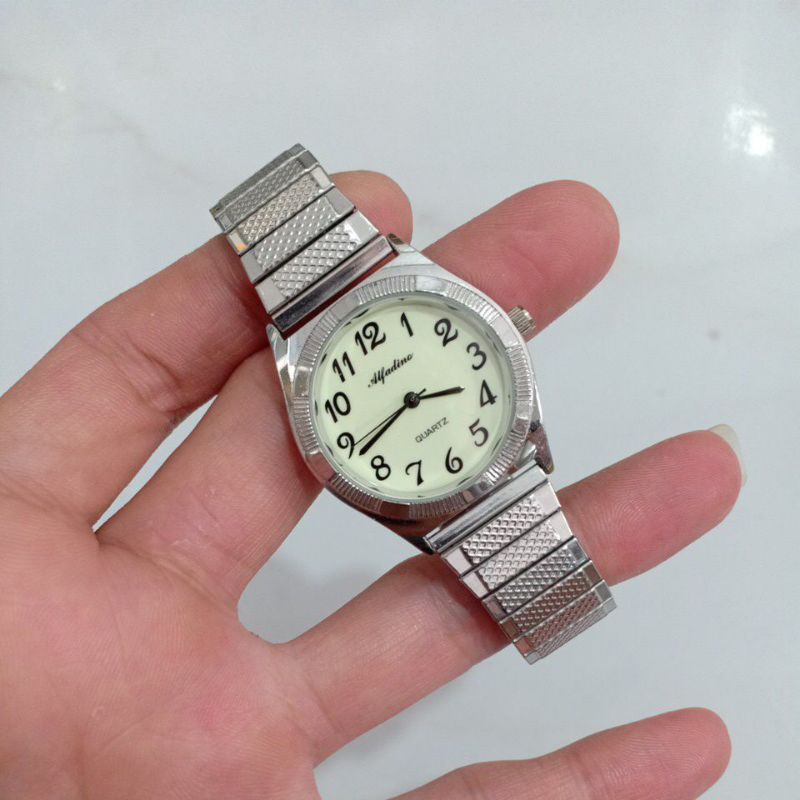 Đồng hồ si nam nữ dây chun hiệu ALFADINO mặt da quang độ mới 90% phù hợp nam tay nhỏ với nữ tay to