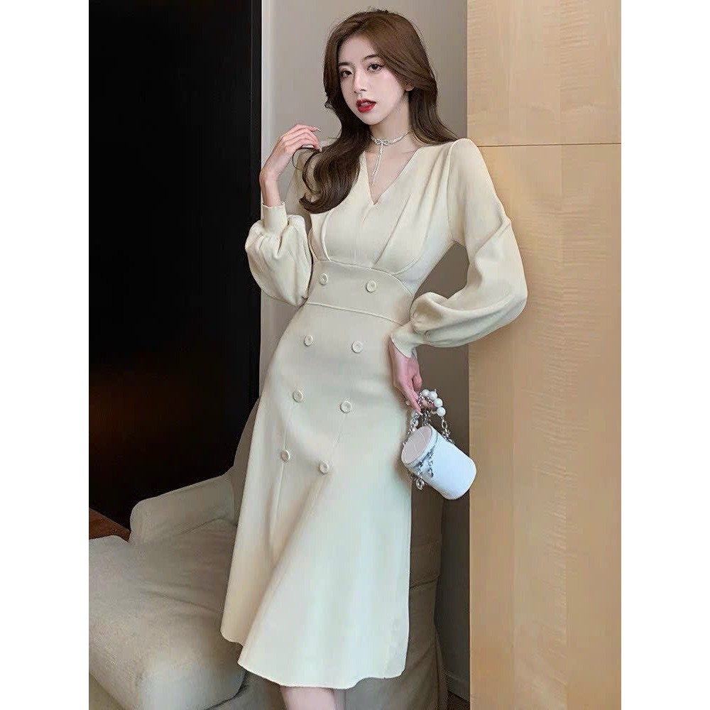 Váy len cổ v, váy len dáng A đẹp, váy len nữ dáng A cổ v chất liệu len mềm mịn