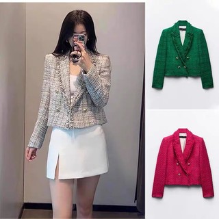 Áo dạ tweed sọc dáng ngắn xuât dư ZR