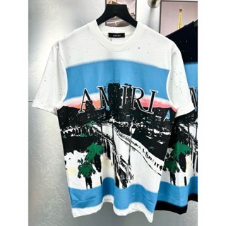 Áo phông nam nữ Premium Cotton Amiri in hình đường phố hoành hôn xanh hai mặt vảy sơn boy phố cực chất