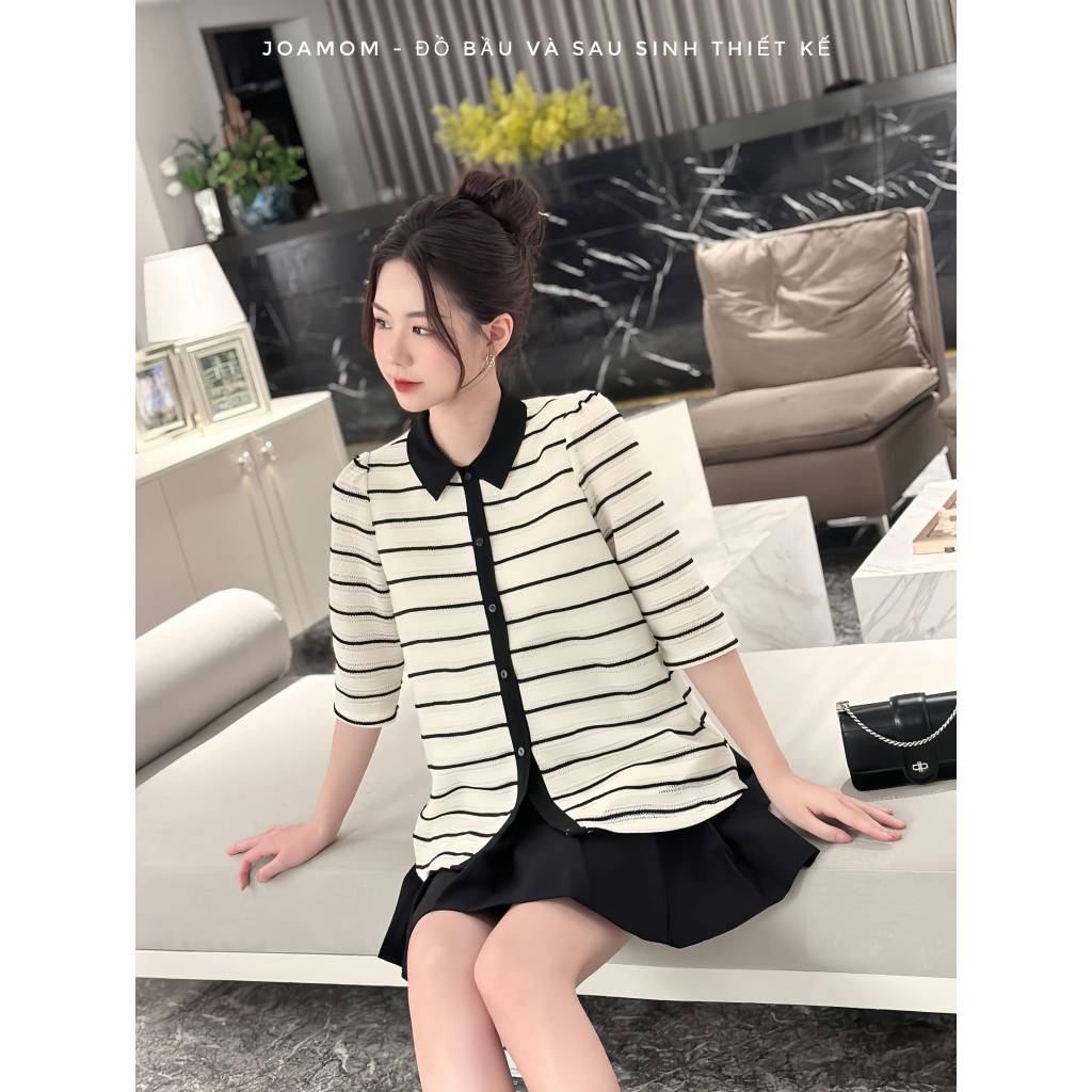 Áo sơ mi bầu kẻ dáng tay lỡ Joamom Ab155