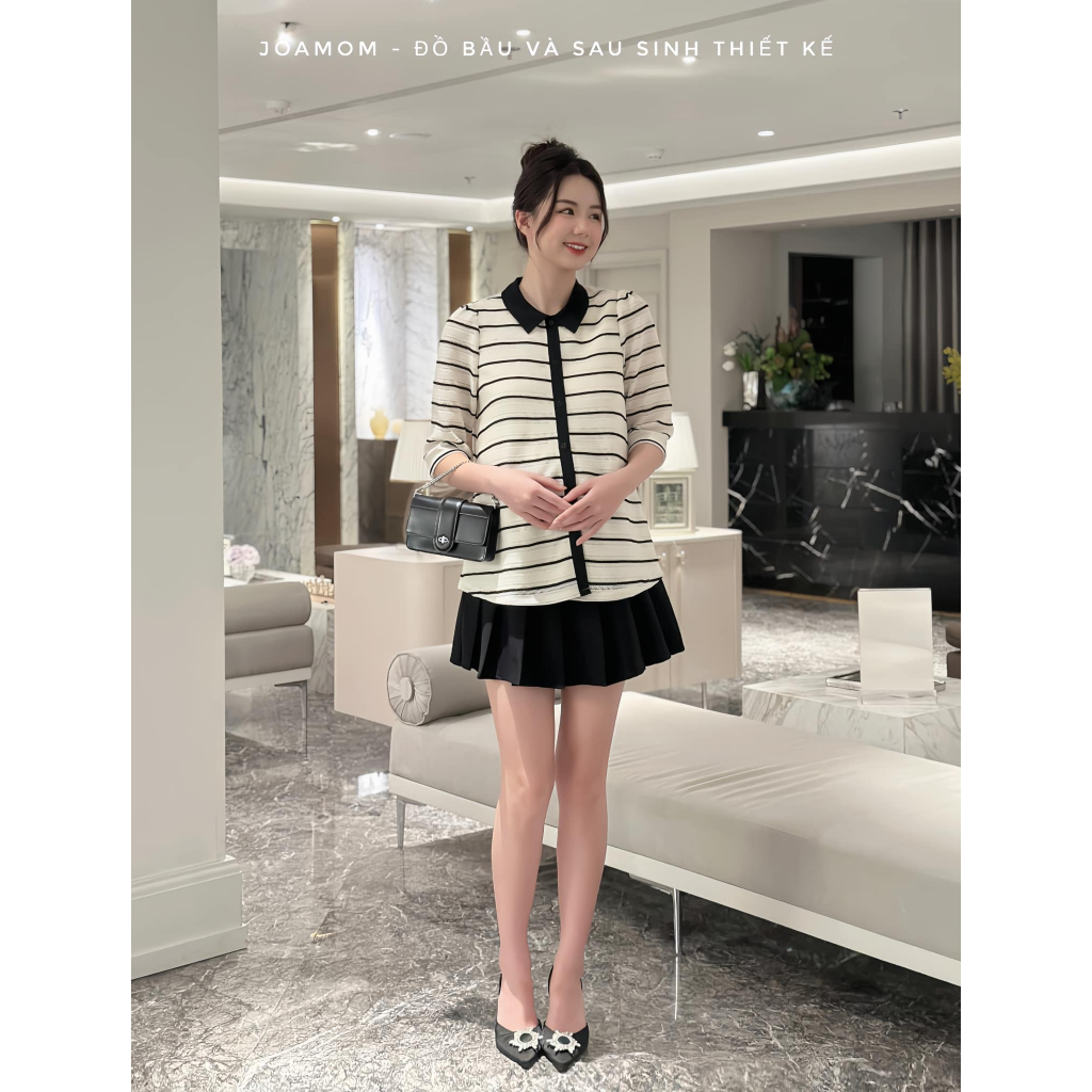 Áo sơ mi bầu kẻ dáng tay lỡ Joamom Ab155