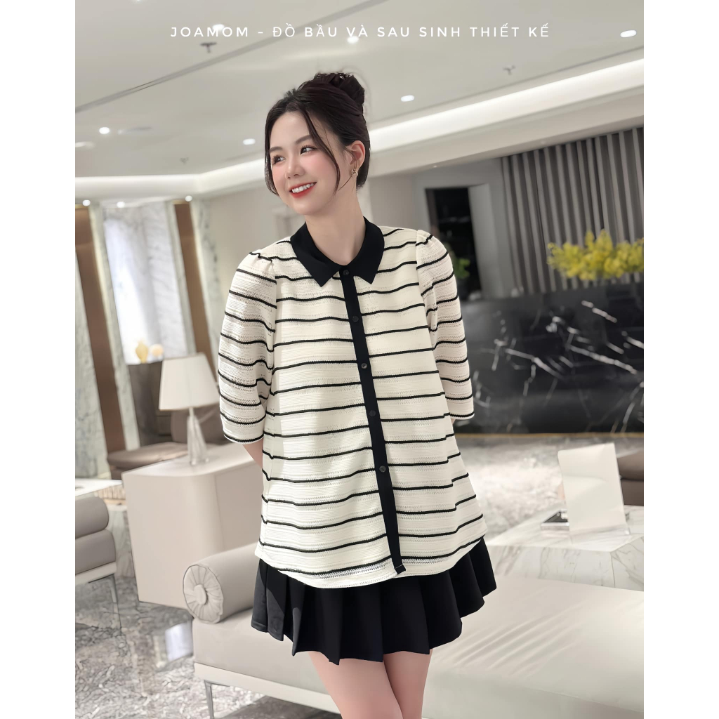 Áo sơ mi bầu kẻ dáng tay lỡ Joamom Ab155