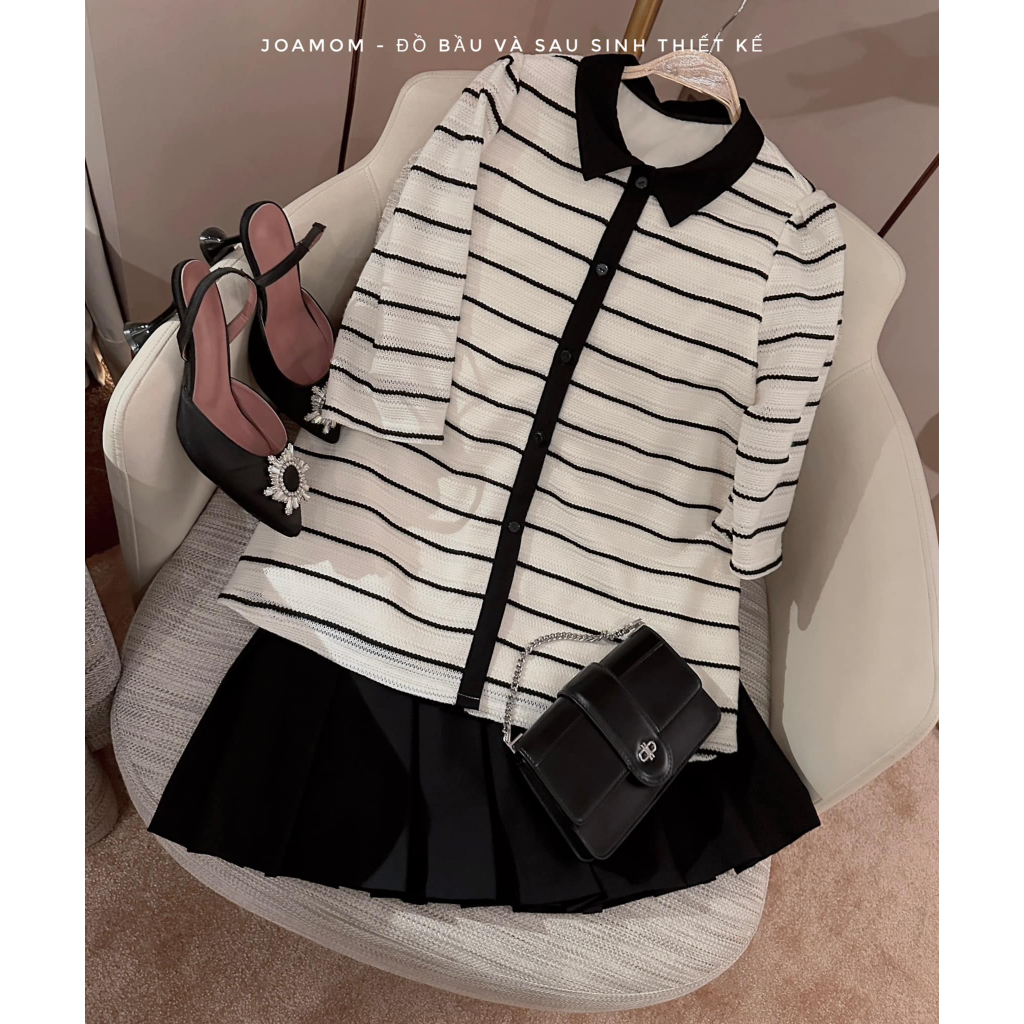 Áo sơ mi bầu kẻ dáng tay lỡ Joamom Ab155