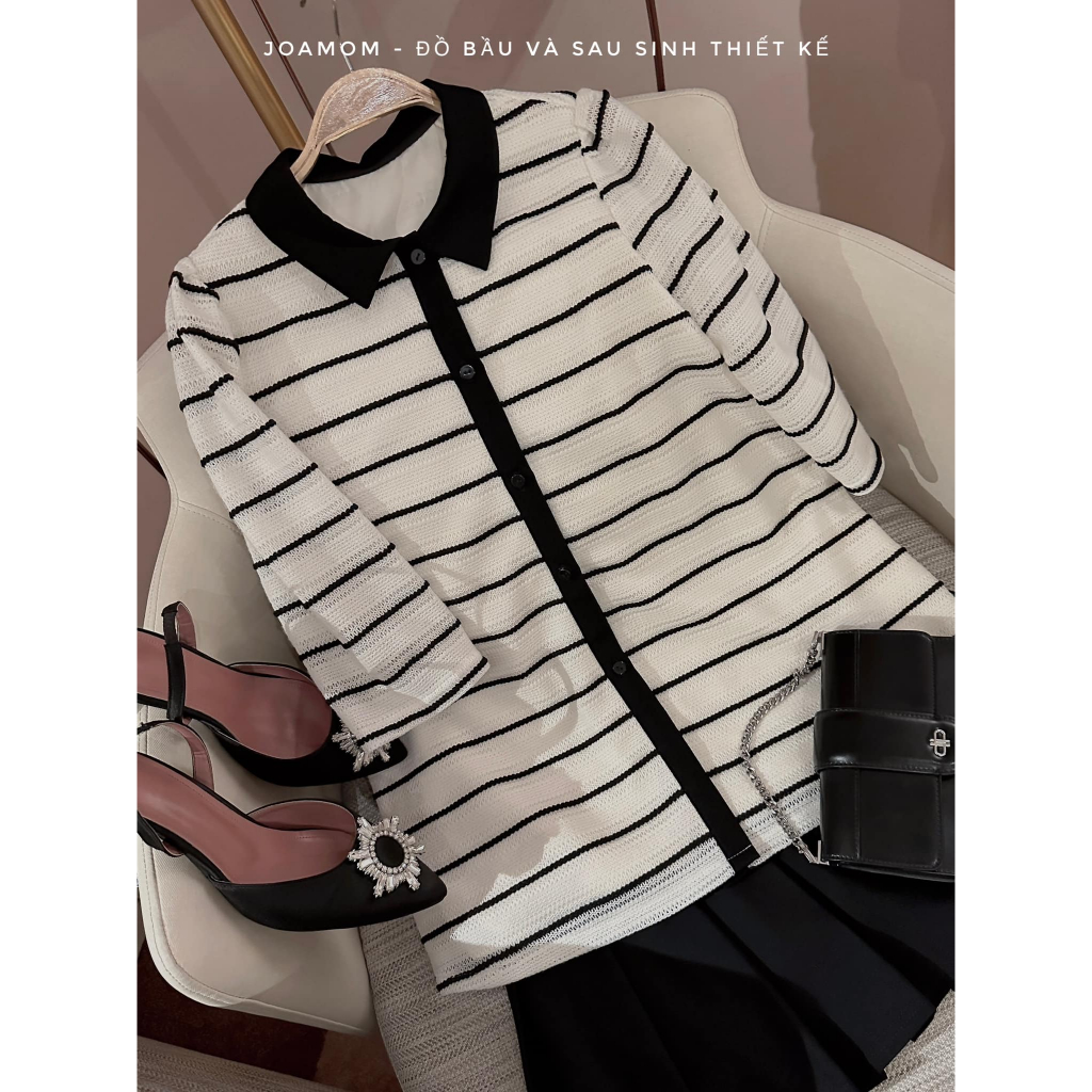 Áo sơ mi bầu kẻ dáng tay lỡ Joamom Ab155