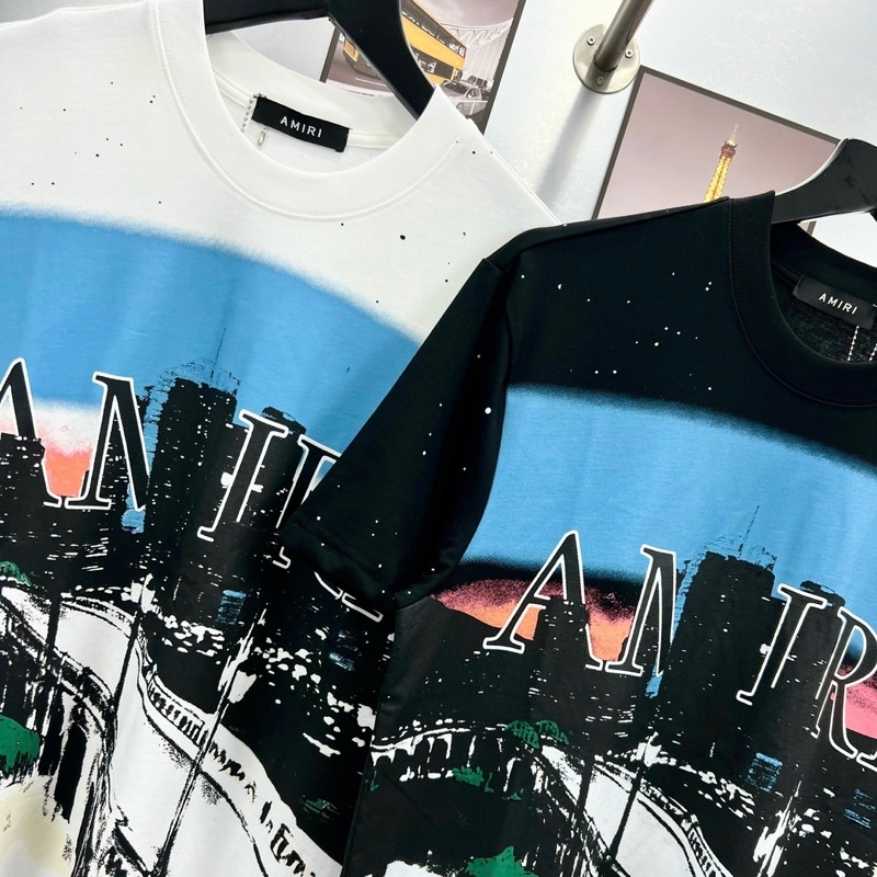 Áo phông nam nữ Premium Cotton Amiri in hình đường phố hoành hôn xanh hai mặt vảy sơn boy phố cực chất