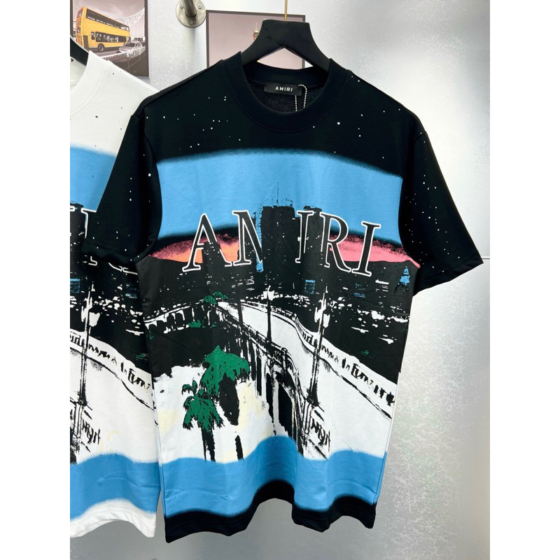 Áo phông nam nữ Premium Cotton Amiri in hình đường phố hoành hôn xanh hai mặt vảy sơn boy phố cực chất