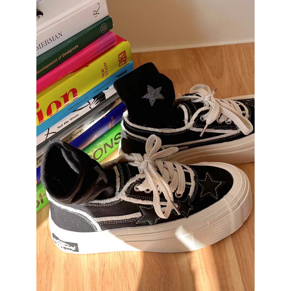 Giày Thể Thao Nữ ngôi sao Vải CanVas Xinh Đen/Be rách tua rua Đế Cao 4cm Mới Hot Phong cách Thời trang đi học đẹp