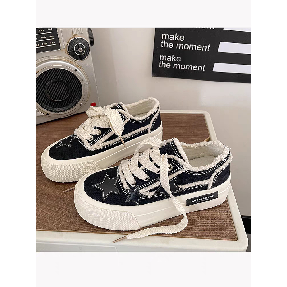 Giày Thể Thao Nữ ngôi sao Vải CanVas Xinh Đen/Be rách tua rua Đế Cao 4cm Mới Hot Phong cách Thời trang đi học đẹp