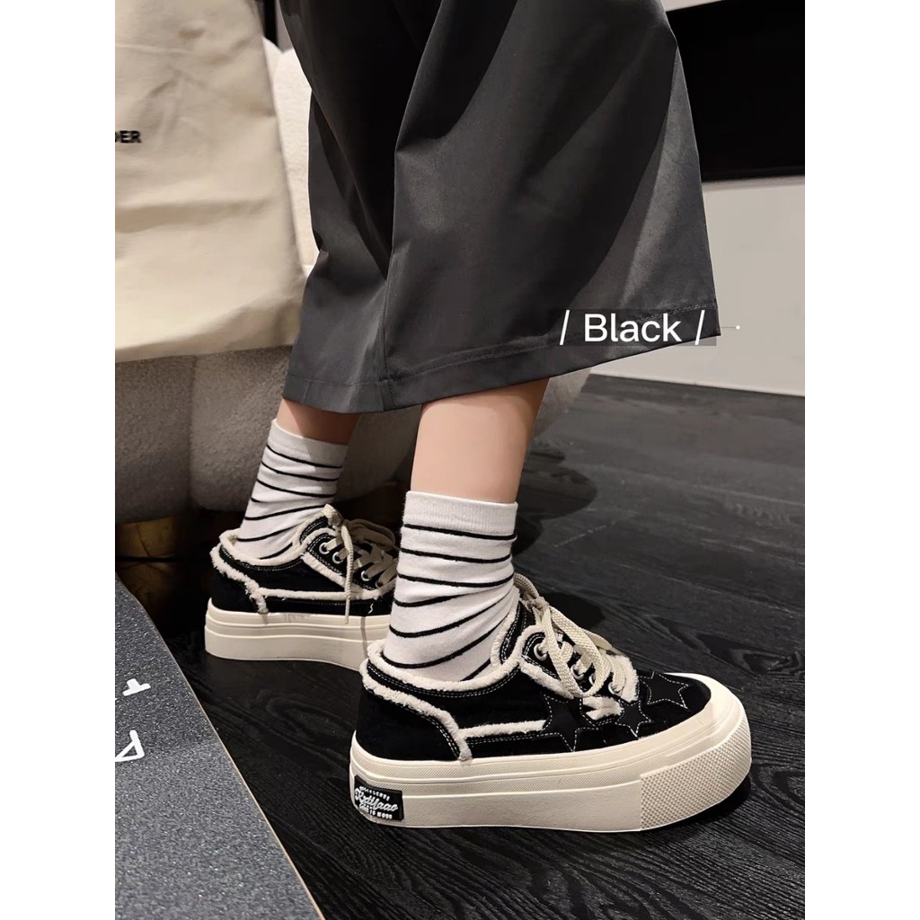 Giày Thể Thao Nữ ngôi sao Vải CanVas Xinh Đen/Be rách tua rua Đế Cao 4cm Mới Hot Phong cách Thời trang đi học đẹp