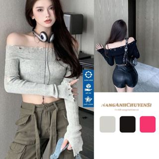 Áo Sweater Dài Tay Trễ Vai Dáng Croptop, Áo Len Mỏng Phối Rách Kiểu Phong Cách Cá Tính Dễ Phối Đồ Hàng Qccc Nangan