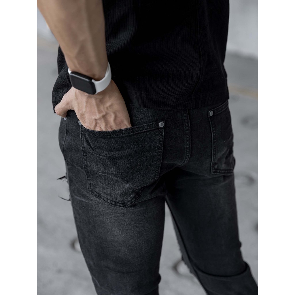 Quần Jean Nam Skinny Word Details Black, Chất Vải Jean Thêu Thoải Mái, QJ0038, SOMEHOW