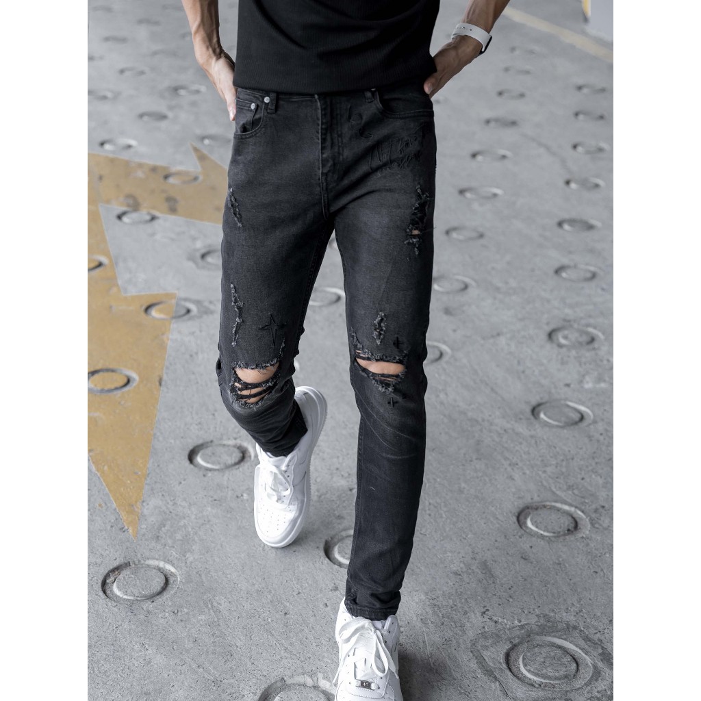Quần Jean Nam Skinny Word Details Black, Chất Vải Jean Thêu Thoải Mái, QJ0038, SOMEHOW