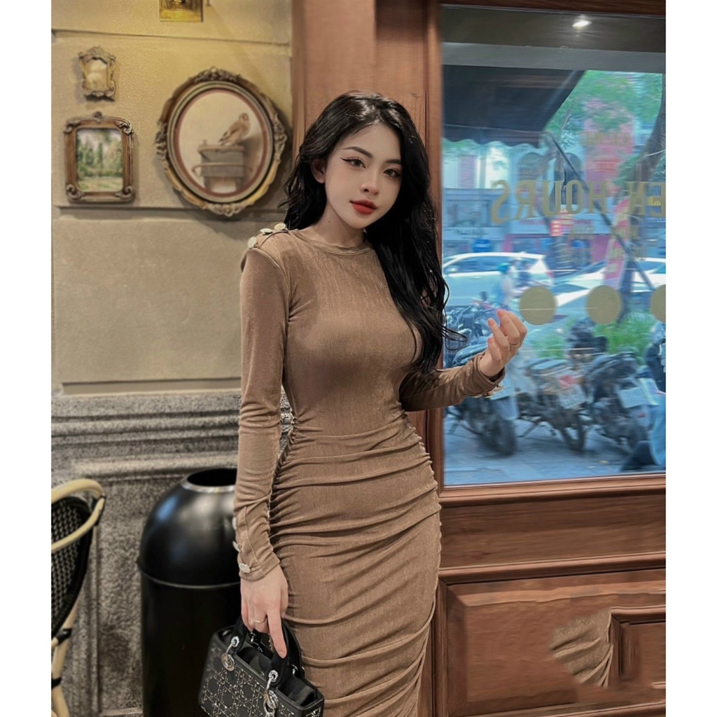 Đầm Body Dài Tay Thiết Kế Nhúm Eo Tôn Dáng Phong Cách Sang Chảnh V5063 - Lolla Fashion