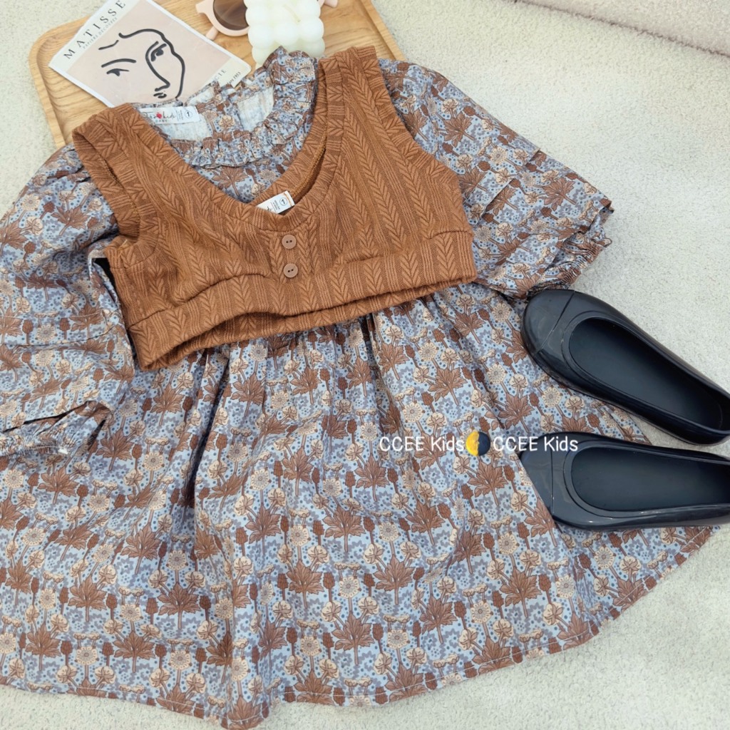 Set váy hoa kèm áo gile cho bé gái từ 10 - 26kg BÌNH MINH SHOP