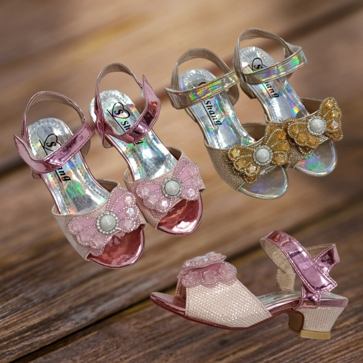 Dép Sandal cao gót cho bé gái, dép quai hậu, dép xăng đan cao 3cm đính nơ công chúa DS2D