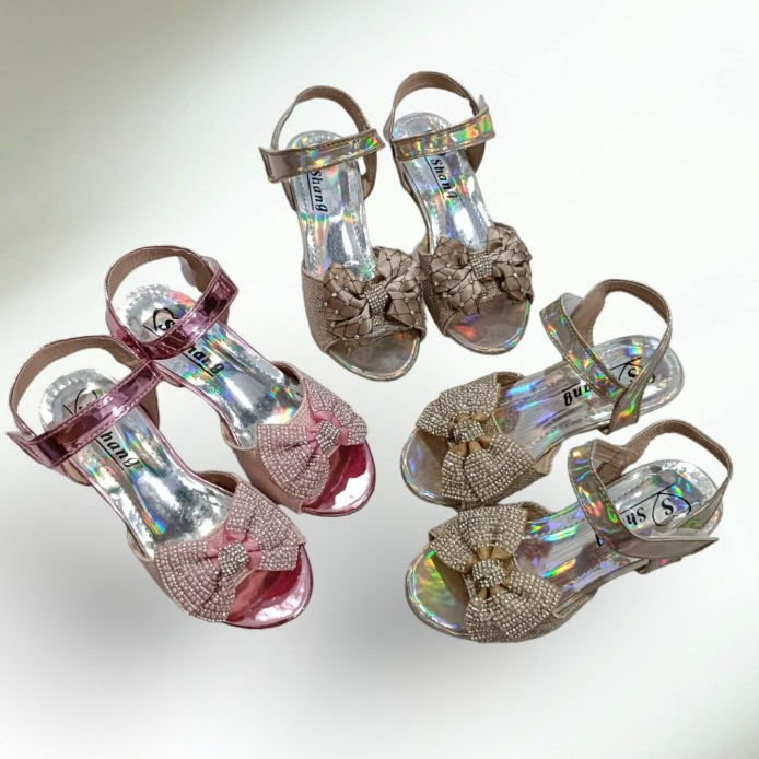 Dép Sandal cao gót cho bé gái, dép quai hậu, dép xăng đan cao 3cm đính nơ công chúa DS2D