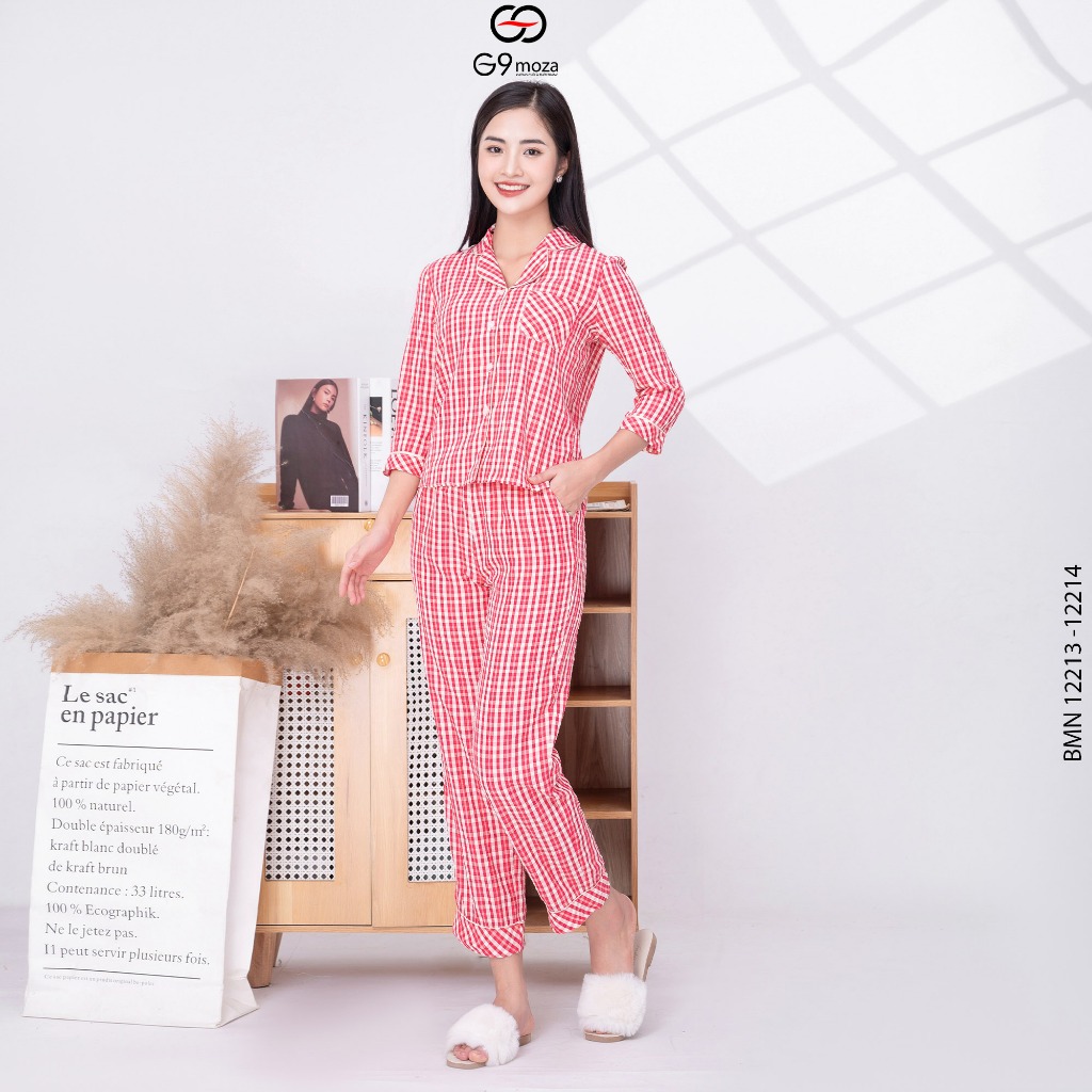 Bộ đồ mặc nhà pijama áo tay dài quần dài 12213 - 12214, G9moza chất thô mềm mịn