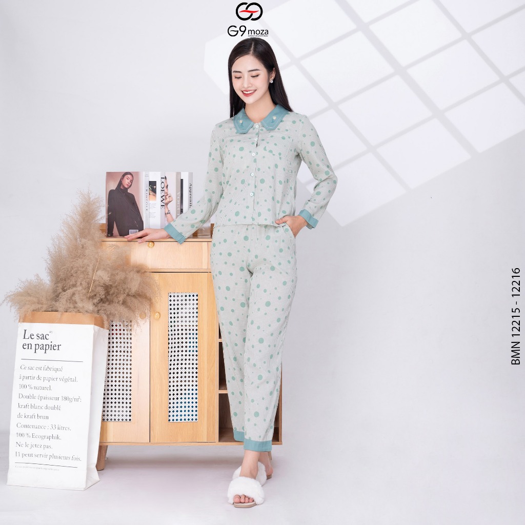 Đồ bộ pijama nữ mặc nhà áo dài quần dài 12215 - 12216, G9moza chất thô hàn mềm mại thêu cổ áo nữ tín