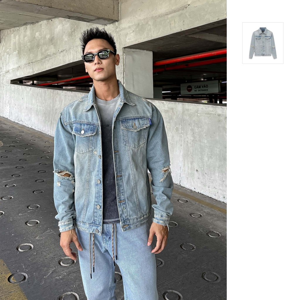 Áo Khoác Jean Distressed Blue Label, Chất Vải Jean Thoải Mái, AK0042, SOMEHOW