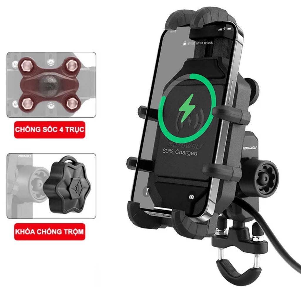 Giá Gắn Điện Thoại Xe Máy Motowolf MDL 2827 🏍️FREESHIP🏍️ Có Tích Hợp Chống Rung, Sạc Pin Không Dây, Sạc Pi