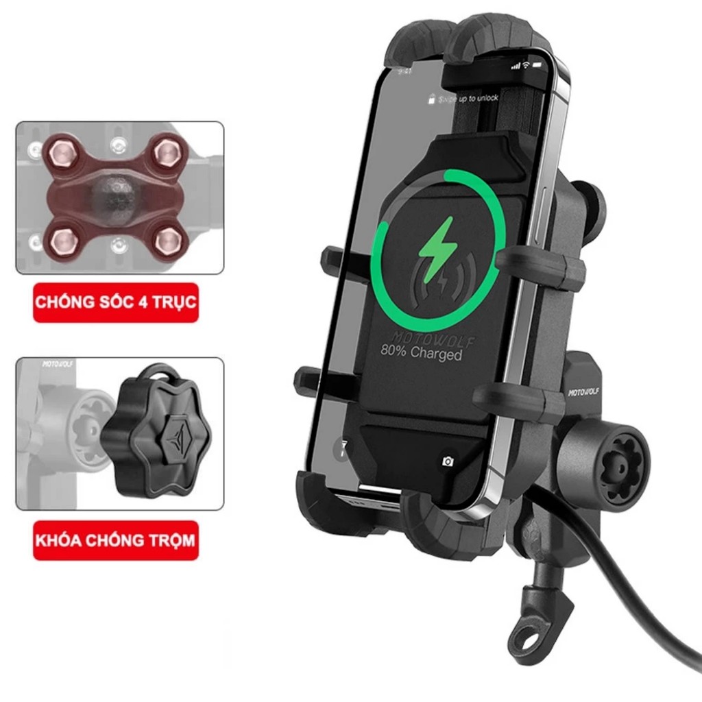 Giá Gắn Điện Thoại Xe Máy Motowolf MDL 2827 🏍️FREESHIP🏍️ Có Tích Hợp Chống Rung, Sạc Pin Không Dây, Sạc Pi