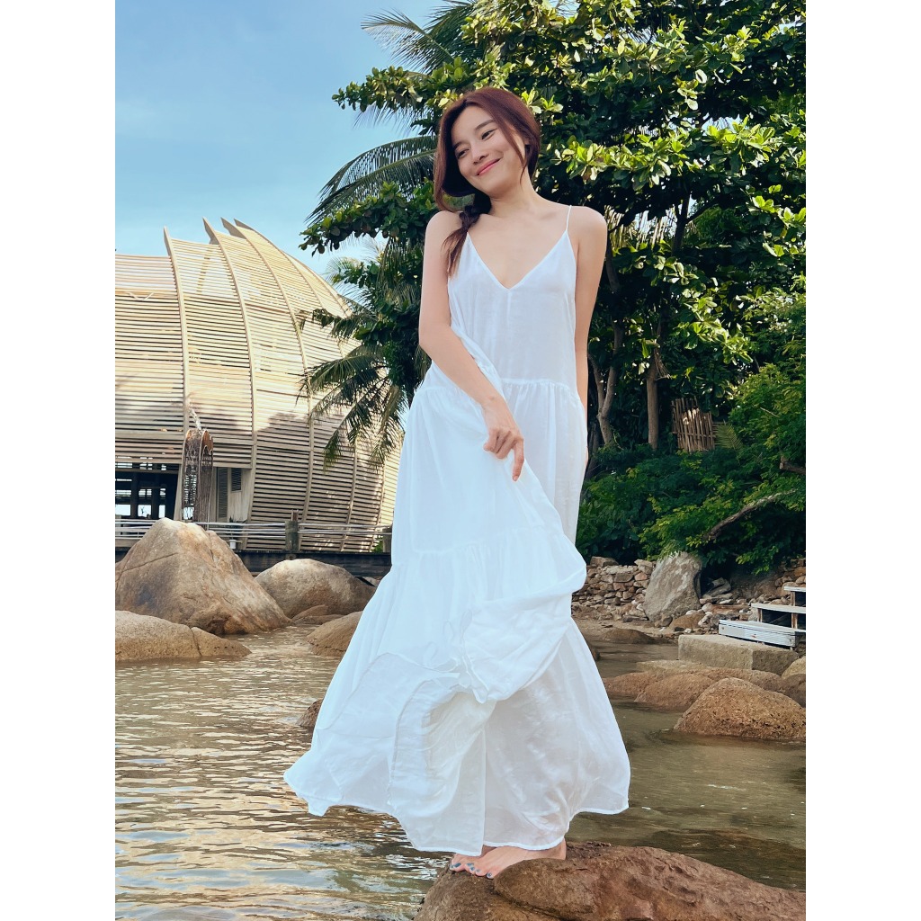 MAVEN - Váy trắng hai dây tầng dáng rộng Gracy Dress