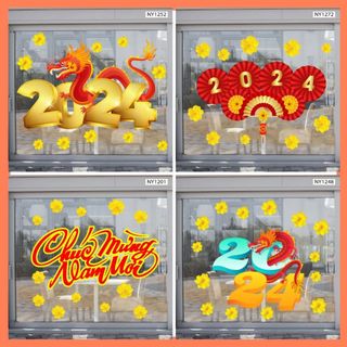 Decal cao cấp trang trí tết chúc mừng năm mới có keo sẵn - Decal tết dán tường và kính  màu sắc nét không viền trắng